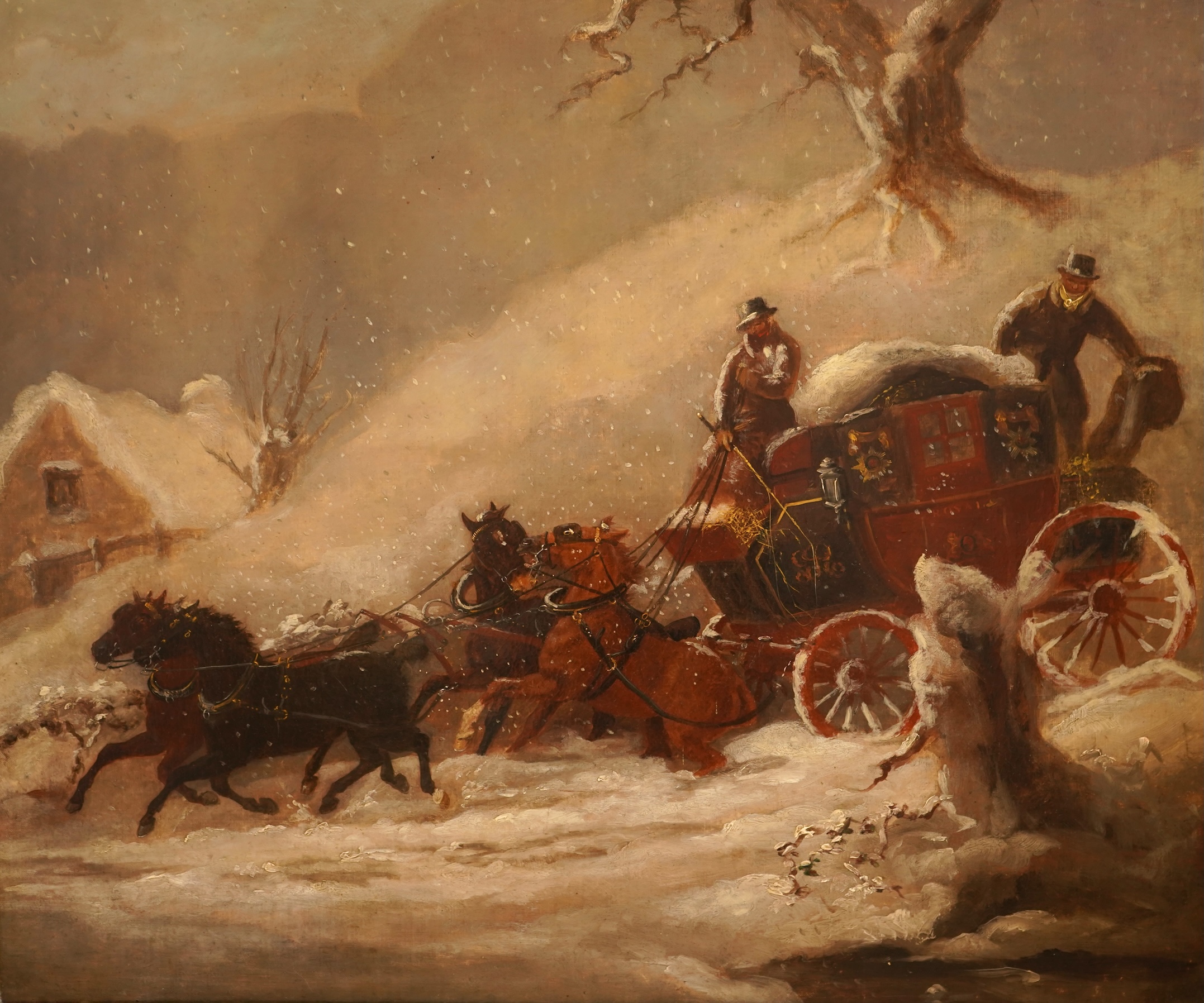 Charles Cooper Henderson (1803-1877),Coaching scene in snow, unsigned, oil on canvas, 62cm x 75cm, Provenance: According to a handwritten label verso, this work was given by the artist to his friend and patron John Congr